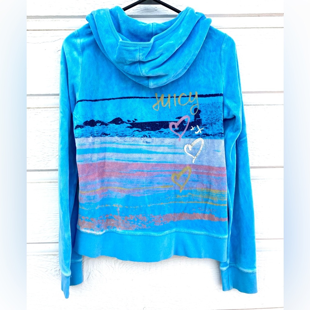 Juicy Couture Zip up Blue Hoodie Sweatshirt Y2K Hearts Ocean L